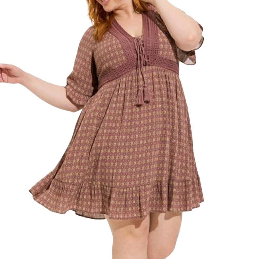 Torrid Boho Mini Washable Gauze Lace Up Tiered Dress Plus Size 2